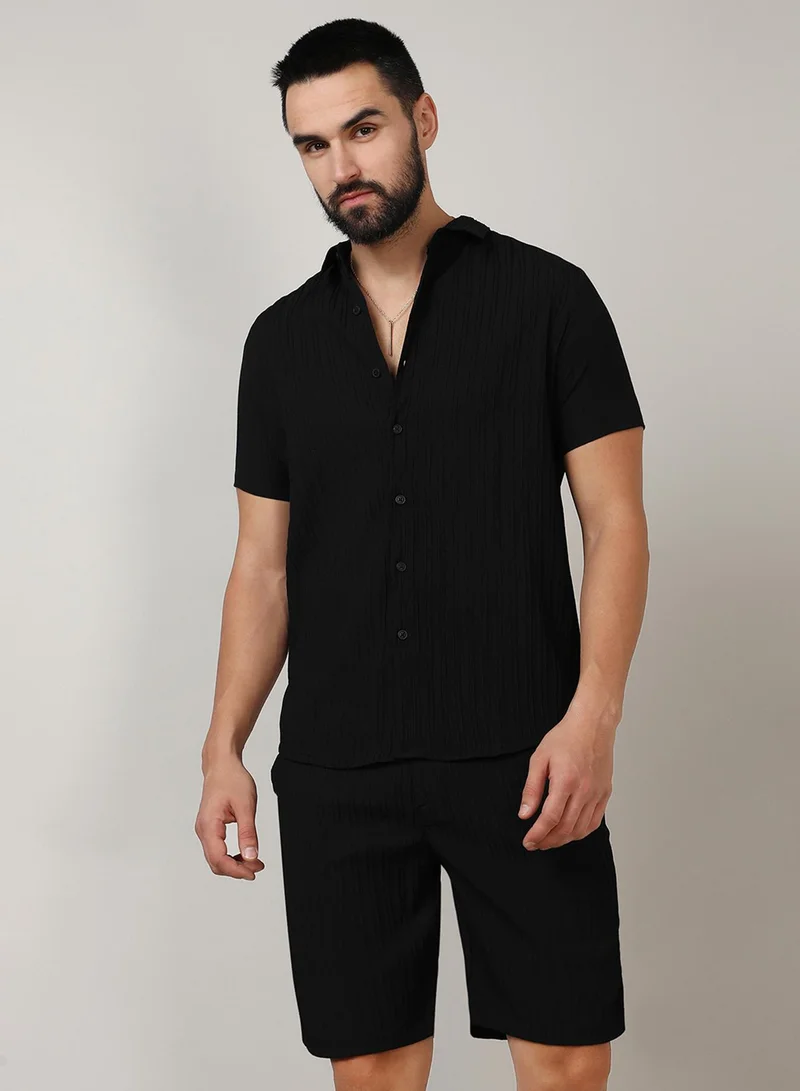 Campus Sutra Men's Midnight Black Self-Design Striped Co-Ord Set For Casual Wear | Spread Collar | Short Sleeve | Button Closure | Co-Ord Set Crafted With Comfort Fit For Everyday Wear